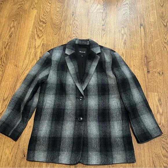 Madewell Black Gray Plaid Dorset Blazer Size small lined boiled wool oversized - Picture 2 of 10